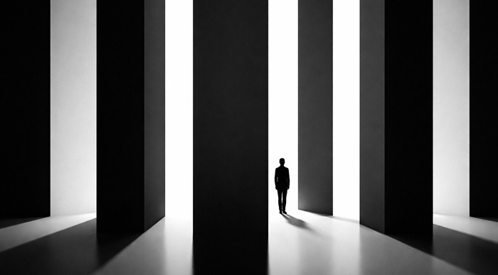 Person standing between columns of light and shadow.
