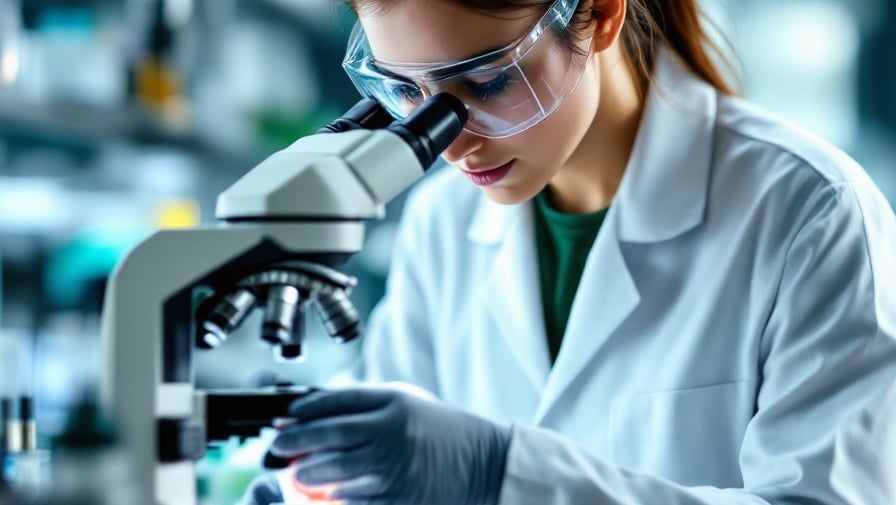 Biomédica analisando em um microscópio