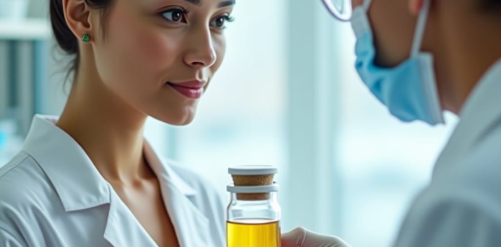 Mulher entregando uma amostra de urina para um Analista Clínico