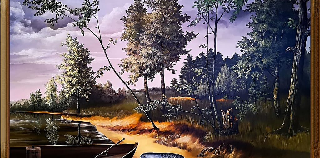 a painting of a boat on a river