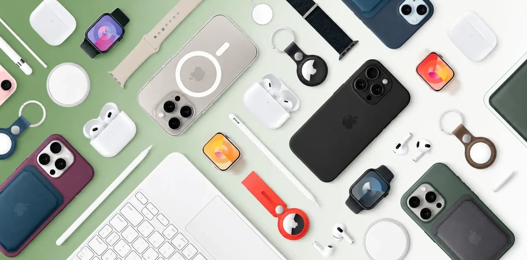 Premium mobile phone accessories flat lay featuring smartphone cases, wireless earbuds, smartwatches
