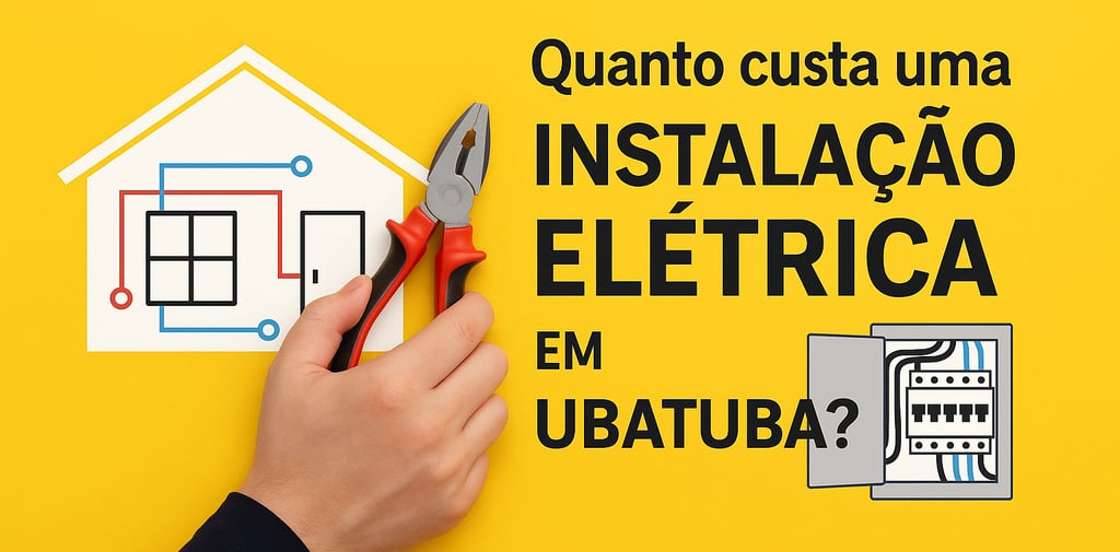 Ilustração digital mostra uma casa de praia moderna com fios elétricos visíveis...