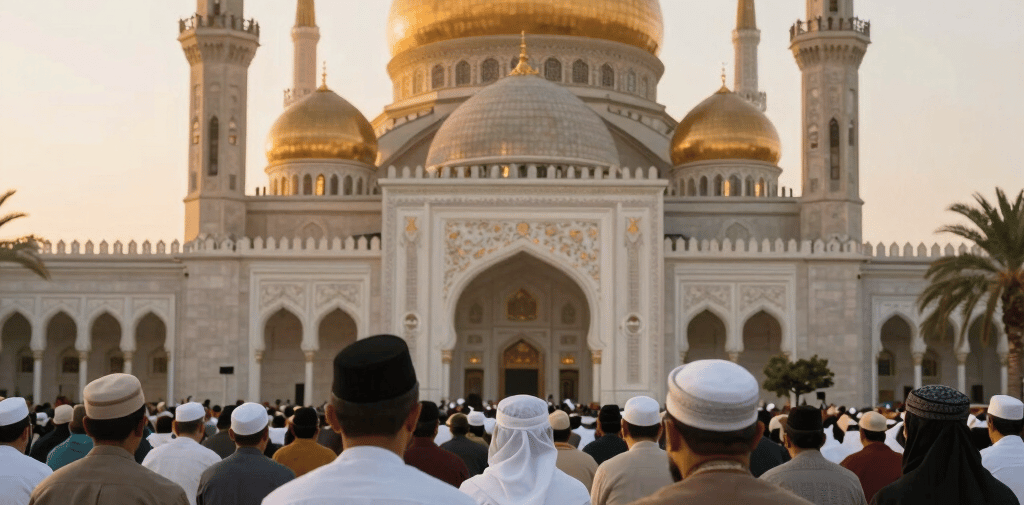 Muslim men praying outside a grand white mosque with golden domes and tall minarets during sunrise.
