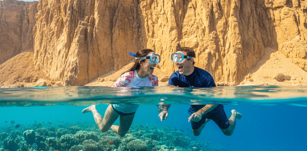 Couple snorkeling over a vibrant coral reef in clear blue tropical water in Sharm El-Sheikh.