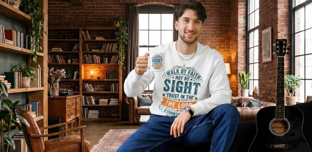 Walk by Faith Not by Sight Christian Sweatshirt and mug– 2 Corinthians 5:7 Faith-Based Crewneck for