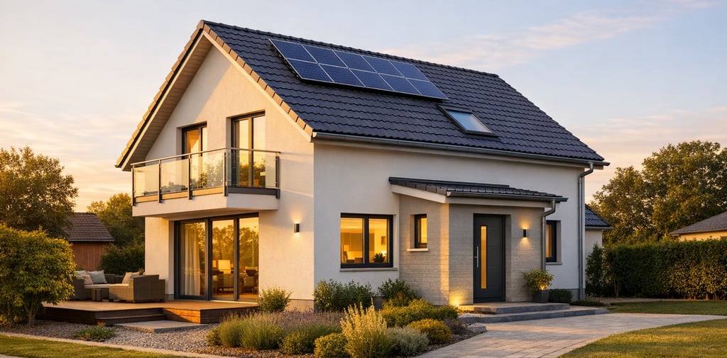 Modernisiertes Wohnhaus mit neuer Fassade und Solaranlage im warmen Abendlicht