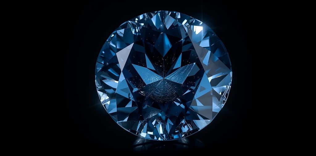Hope Diamond esposto su fondo scuro, diamante blu profondo, riflessi freddi e inquietanti