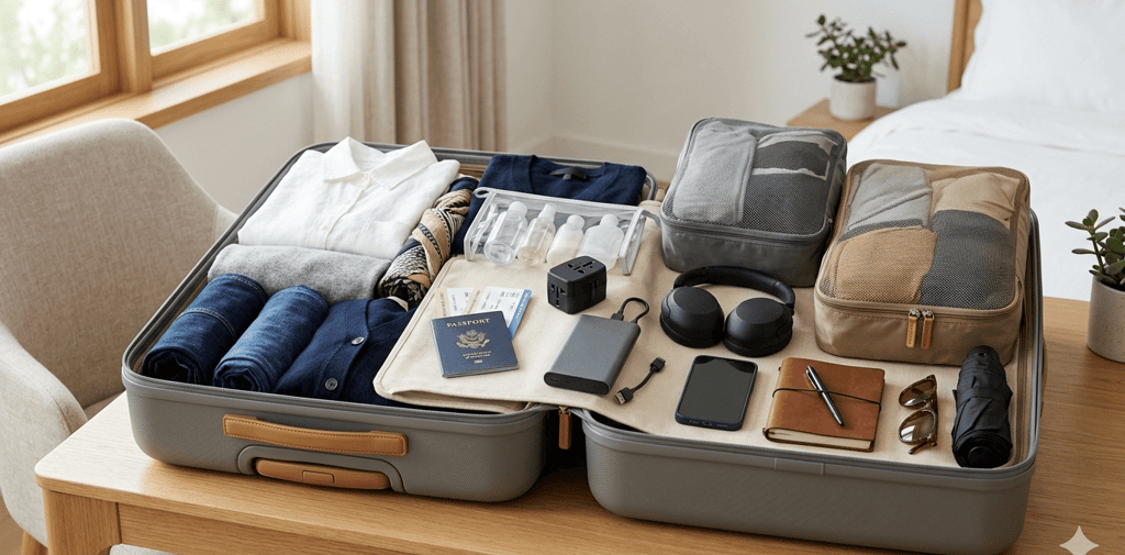 Mala aberta com passaporte, adaptador, power bank e itens de viagem.