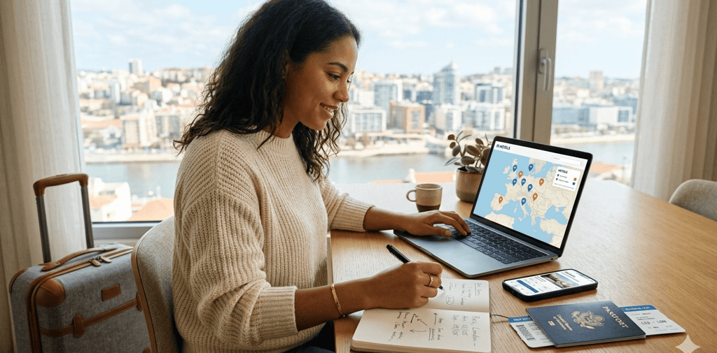 Planejamento de hospedagem internacional com notebook e passaporte. Escolha o hotel ideal.