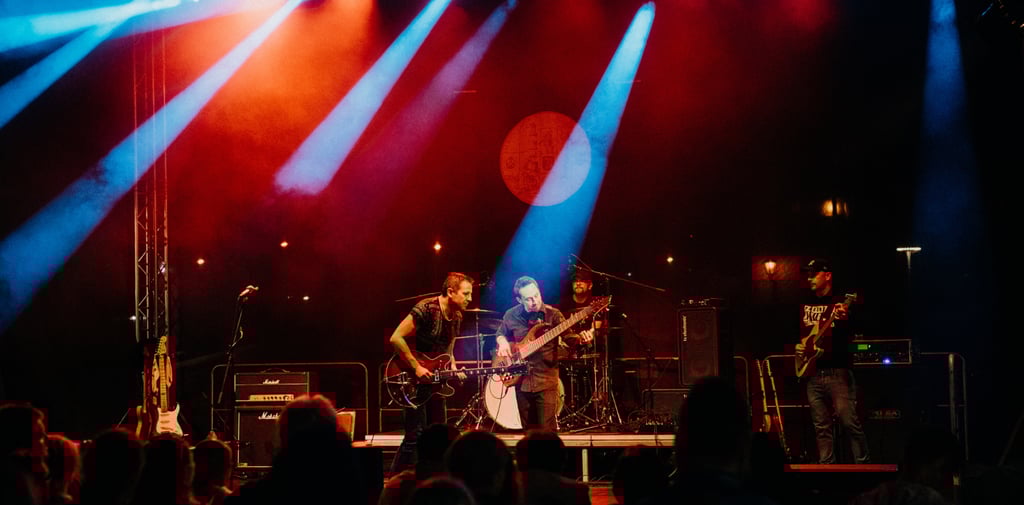 A lively band performing on stage with vibrant lighting in a night setting.