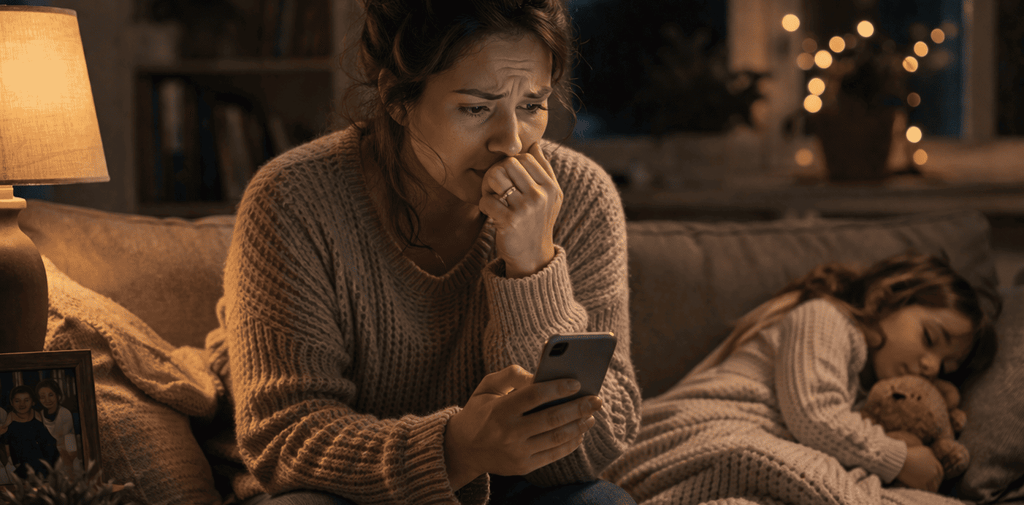 Worried mother in cozy evening setting_png