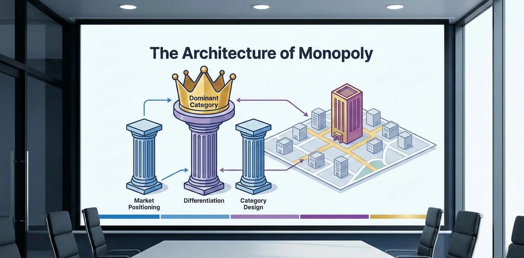 A diagram titled "The Architecture of Monopoly" on a boardroom screen illustrating the relationship 