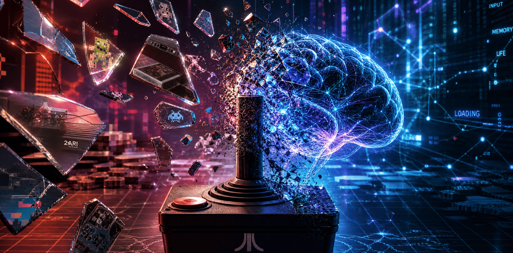 Digital glowing brain emerging from a retro arcade joystick with shattered pixels and retro gaming data.
