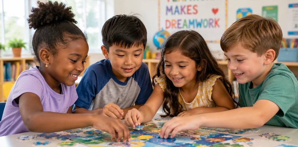 Diverse group of elementary students working together on a puzzle in a classroom setting.