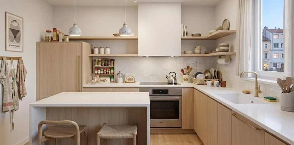 Cucina angolare moderna in legno chiaro con piano di lavoro, isola, cappa e lampadari bianchi 