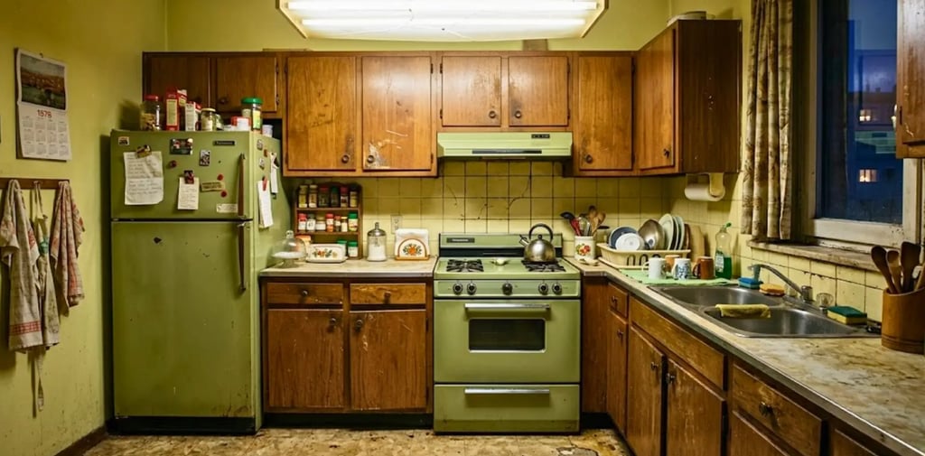 Vecchia cucina anni 70 in legno scuro con elettrodomestici verdi e piano di lavoro in finto marmo sui toni del marrone