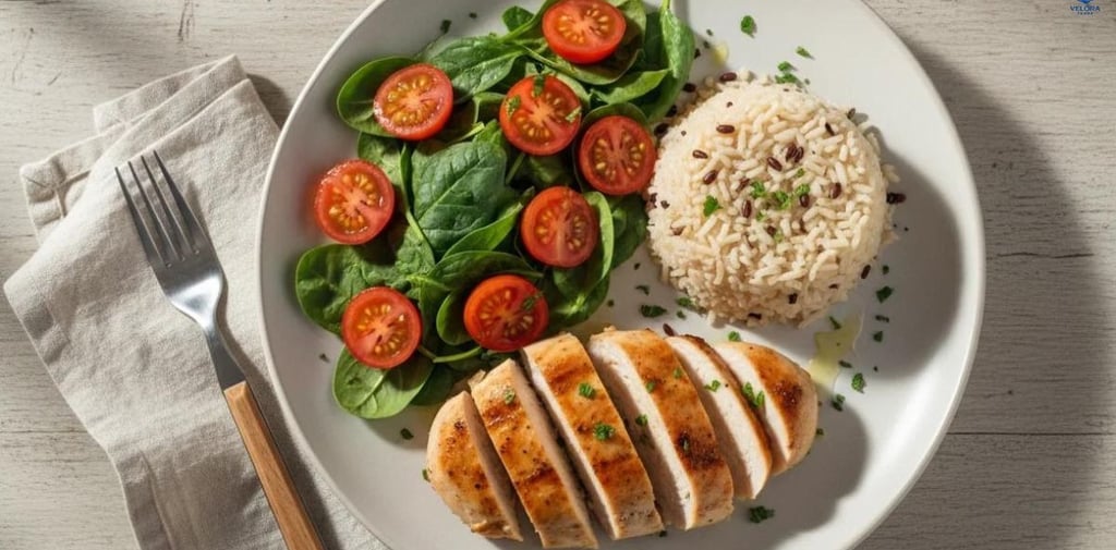 Balanced healthy plate with grilled chicken breast, brown rice, broccoli, carrots, spinach, and cher