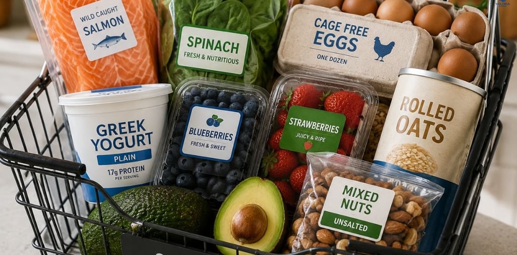 Grocery basket filled with healthy foods including salmon, eggs, Greek yogurt, spinach, berries, oat