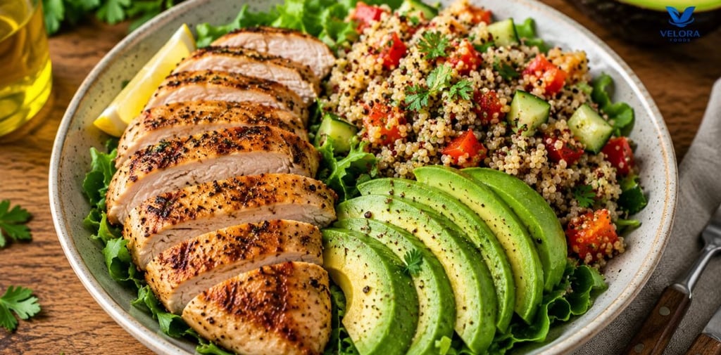 Lean protein, avocado, and quinoa for healthy weight management.