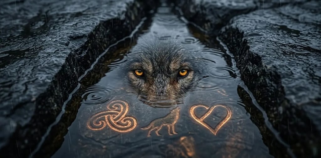 A wolf with golden eyes peeks out from dark water featuring glowing Celtic and animal symbols.