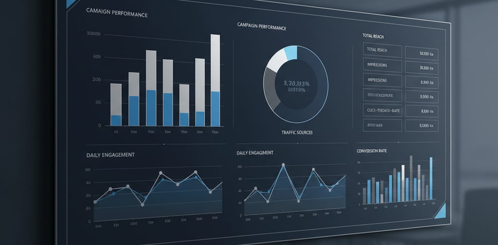Minimal digital marketing dashboard with clean charts and graphs in navy, charcoal, silver, and acce