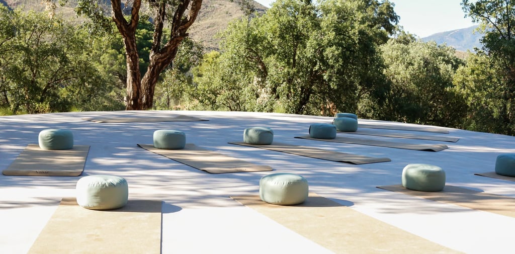 Outdoor yoga deck with mats and bolsters surrounded by nature
