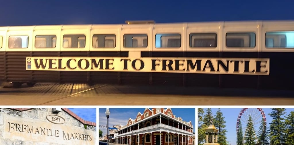Vagão de boas-vindas iluminado à noite em Fremantle com pontos turísticos da cidade ao fundo