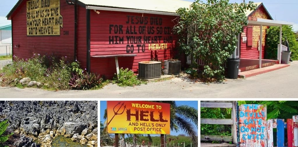 Casas vermelhas, sinais e formações geológicas em Hell, West Bay, Grand Cayman.