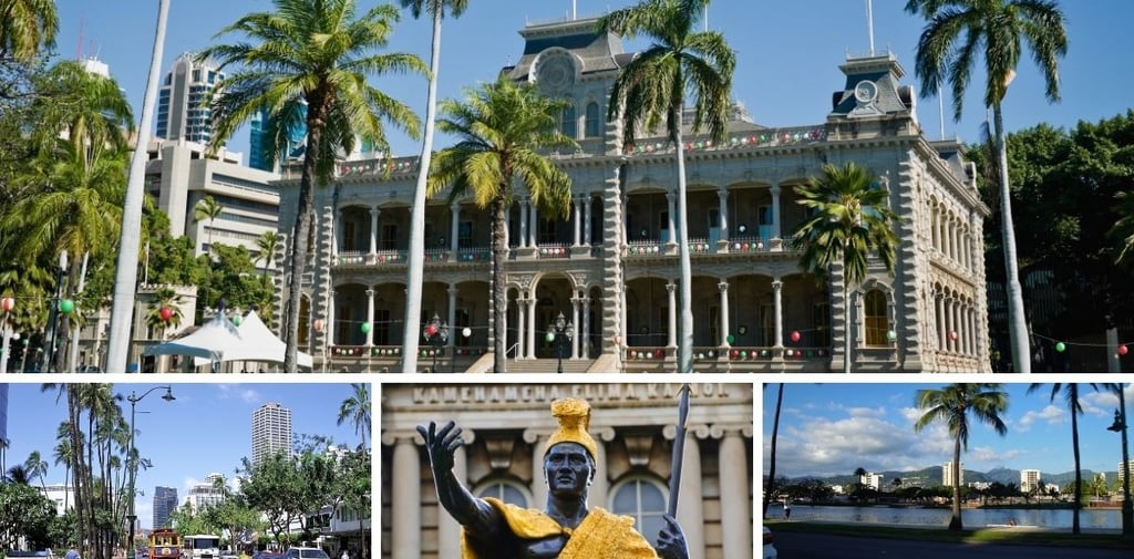 Passeio pelo centro de Honolulu com vista de pontos turísticos e ruas movimentadas