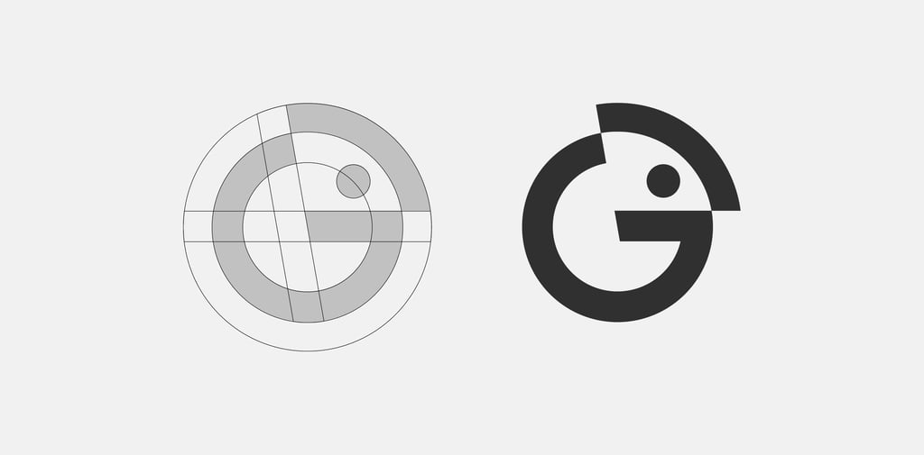 chameleon and letter G logo design and grid