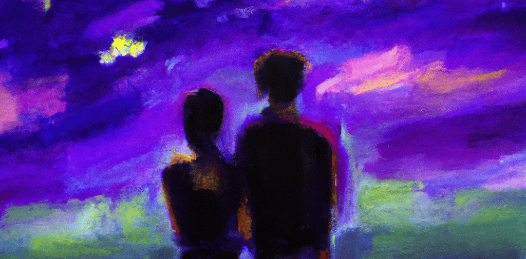 a painting of two people standing in front of a purple sky