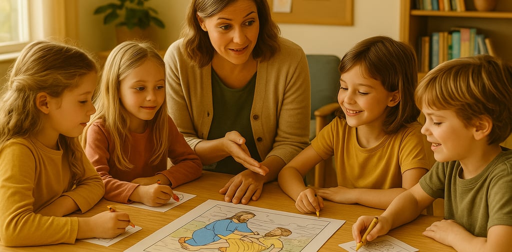 mother and kids talking about good samaritan parable