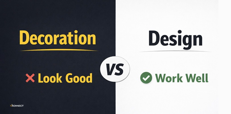 Split-screen thumbnail showing Decoration vs Design with “Look Good” and “Work Well” comparison