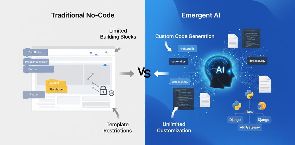 Infographic comparing Emergent’s code generation to template-based no-code tools.