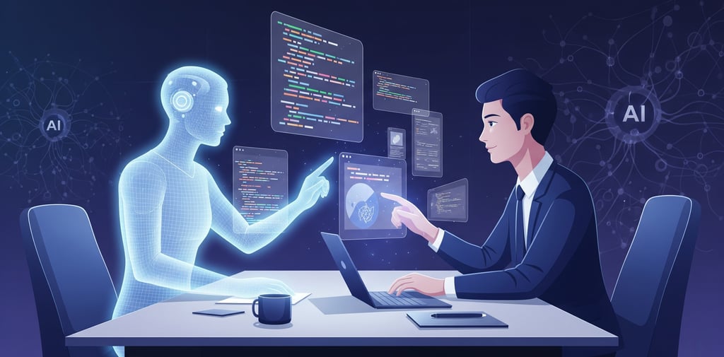 Futuristic illustration of human-AI collaboration in app development.