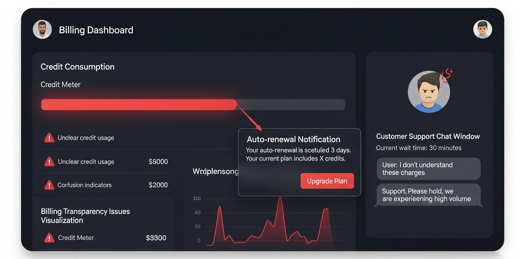 Billing dashboard showing user pain points like credit confusion and auto-renewal issues.