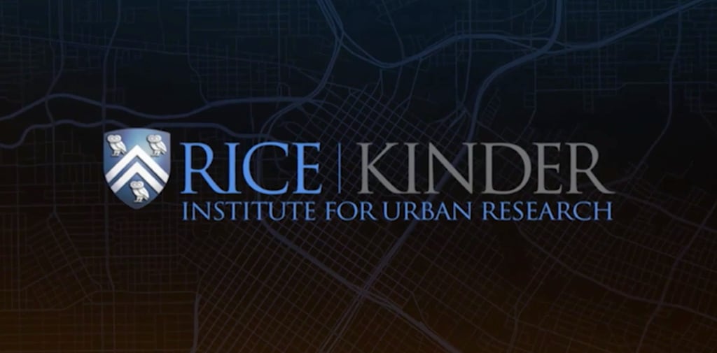 Graphic image of Rice Kinder Institute for Urban Research with a dark background, map-like pattern