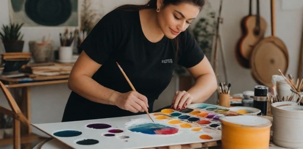 Momento íntimo: Artista concentrado em sua jornada artística.