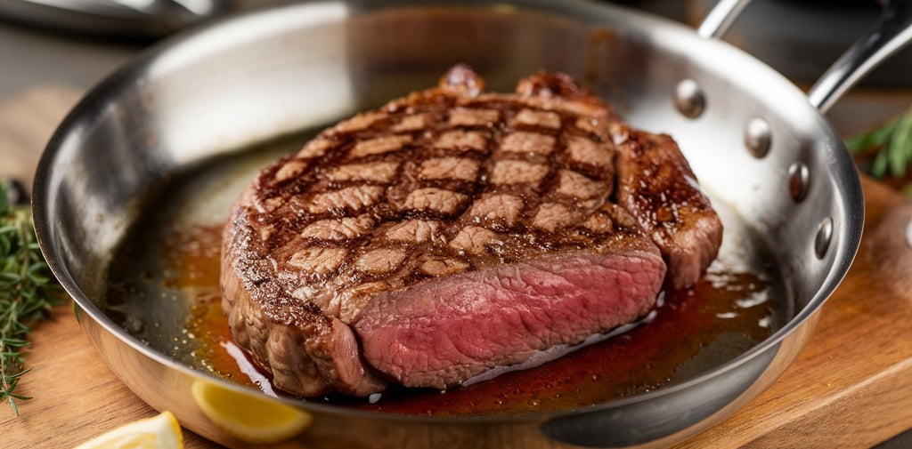 pan seared steak in a stainless-steel pan