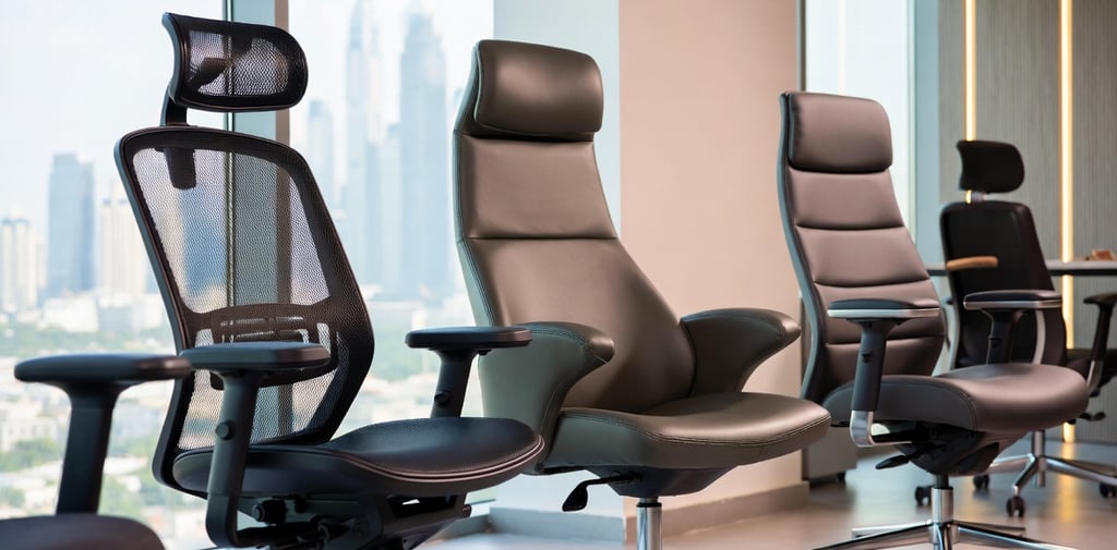 Three premium office chairs from Royal Real Touch Furniture: black high-back executive leather chair