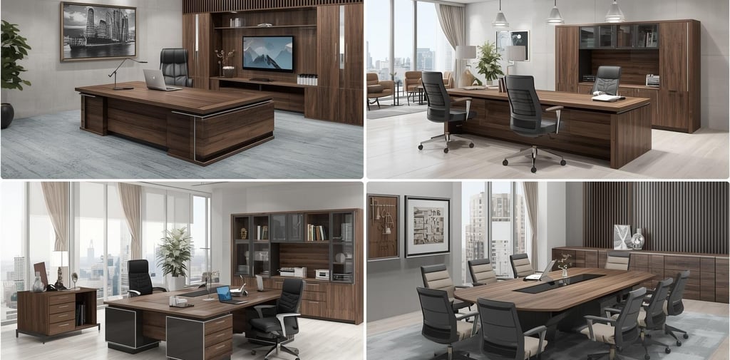 a set of office desk with a desk and chairs