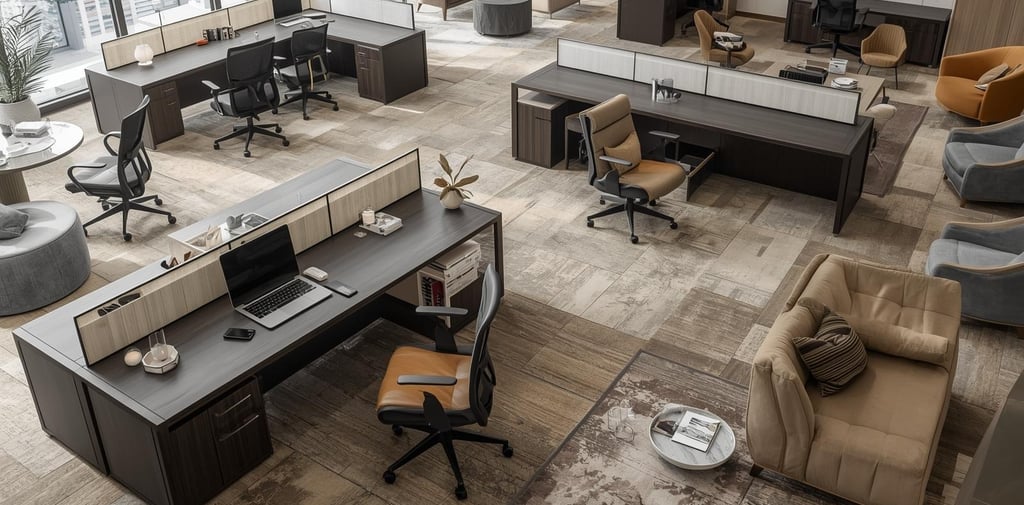 a large office with a lot of chairs and a couch