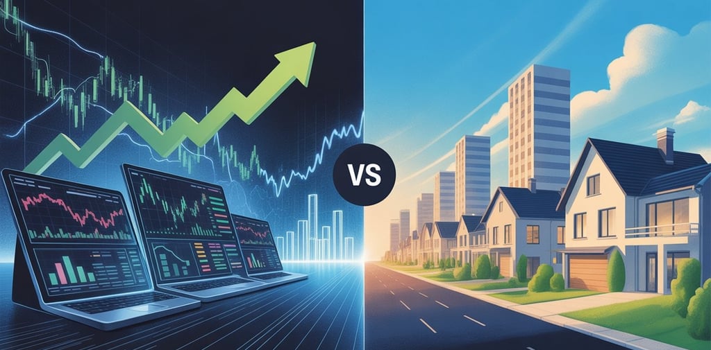 Money and wealth building comparison: stocks vs real estate, investment strategies, passive income,