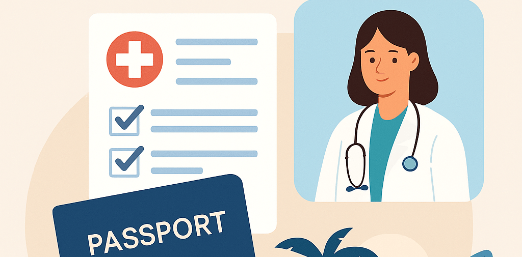 Flat illustration showing a passport, a health insurance checklist with checkmarks, and a female doc