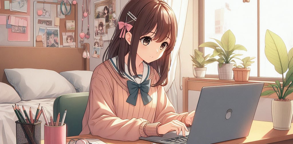 imagem estilo anime de uma garota em seu quarto escrevendo em seu notebook