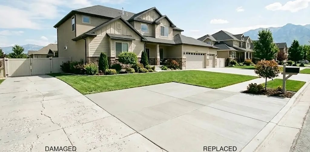 concrete driveway and walkway icomparing damaged vs replaced concrete in a clean suburban home setting in Riverton, Utah