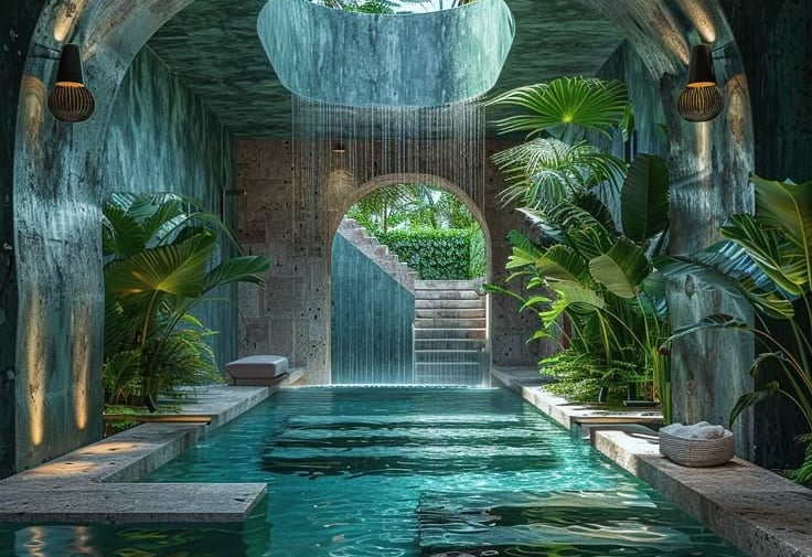 conceptual image showing an indoor spa with pool and waterfall
