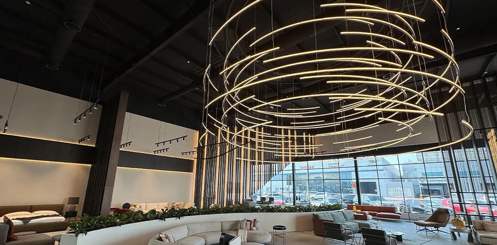 Office lobby lighting fixture hanging of the celling as decoration. Fm Electrical in dallas texas.