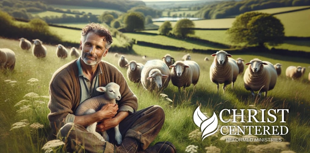 a man holding a lamb in a field