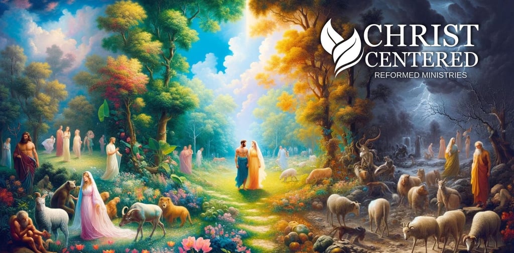 a painting of Adam and Eve in the midst of a forest on the Left is life on the left is death
